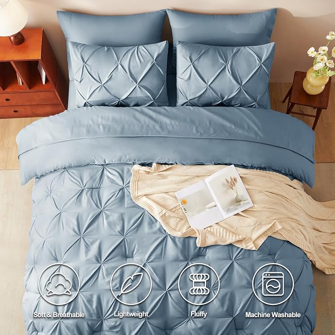 CozyLux Queen Comforter Set Mineral Blue, 7 Pieces Pintuck Bed in A Bag - Image 2