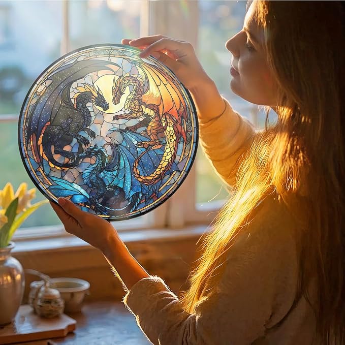 Greatingreat Dragon Stained Glass Window Hanging, 7.87 Inch Bookshelf Decoration - Image 2