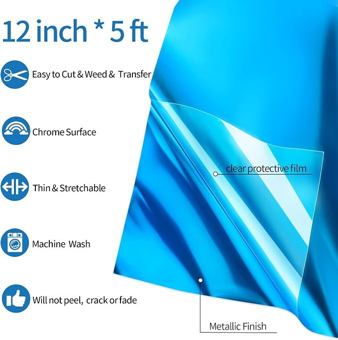 VINYL FROG Blue Metallic Foil Heat Transfer Vinyl 12" x5ft Blue HTV Vinyl Roll - Image 2