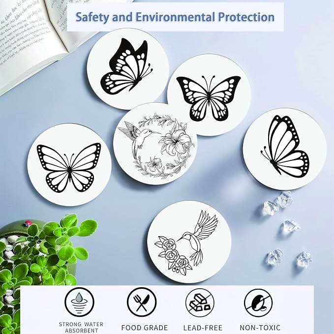 6 Absorbent Ceramic Tiles with Cork Base, Paint Your Own Butterfly Coaster | - Image 3