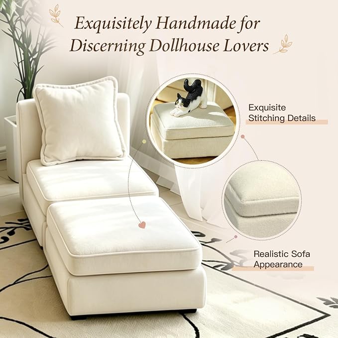 iLAND Dollhouse Furniture Sectional Dollhouse Couch Set White Velvet Sofa - Image 2