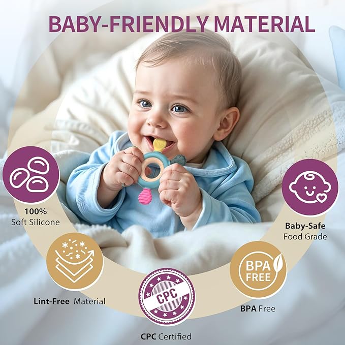 akolik Teething Toys for Babies, Baby Teethers Toy Teething Ring Silicone, Grasping Teething Toy, BPA Free Teething Newborn Accessories for Baby 0 3 6 9 12 18 Months (Blue B)