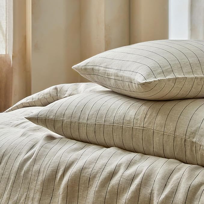 mixinni 3 Piece Striped Duvet Cover Set, Neutral Washed Cotton Linen Blend - Image 3