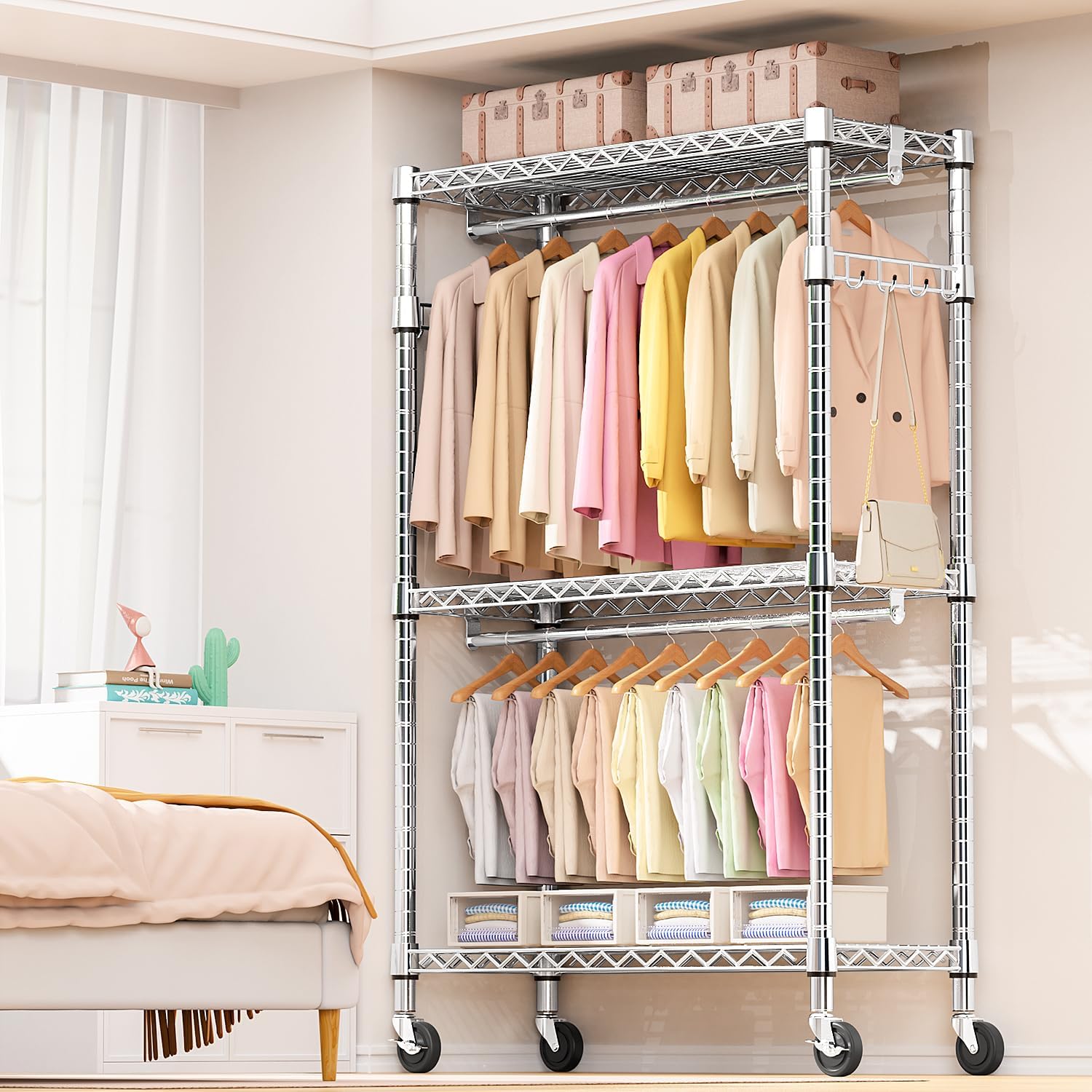 Heavy Duty Rolling Garment Rack 3 Tiers Adjustable Wire Shelving Clothes Rack with 2 Rods and Side Hooks, Storage Closet Clothing Rack with Wheels Chrome 17.7" D x 47.2" W x 83.6" H