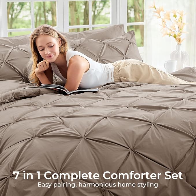 Sasttie Queen Comforter Set, 7-Piece Bed in a Bag, Pintuck Bedding Sets - Image 6