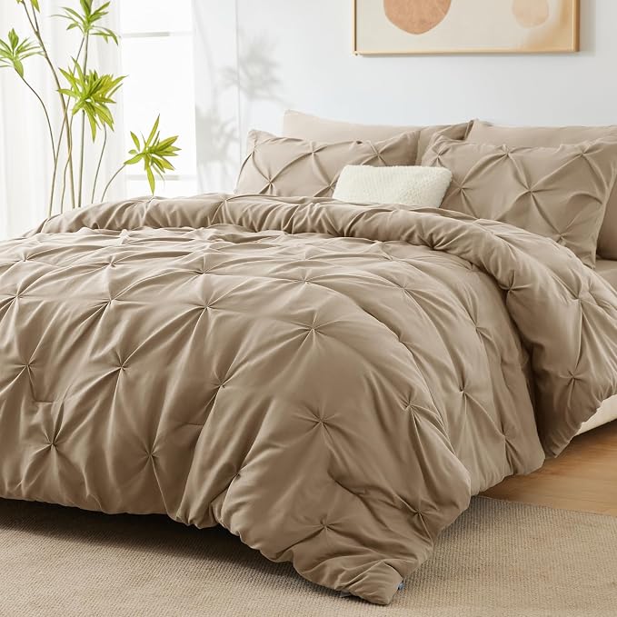 CozyLux King Size Comforter Set Taupe, 7 Pieces Pintuck Bed in A Bag Taupe - Image 9