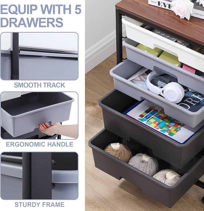 SYKIARIOL Utility Cart with 5 Drawers, Storage Drawer Cart with Wooden Tabletop - Image 4