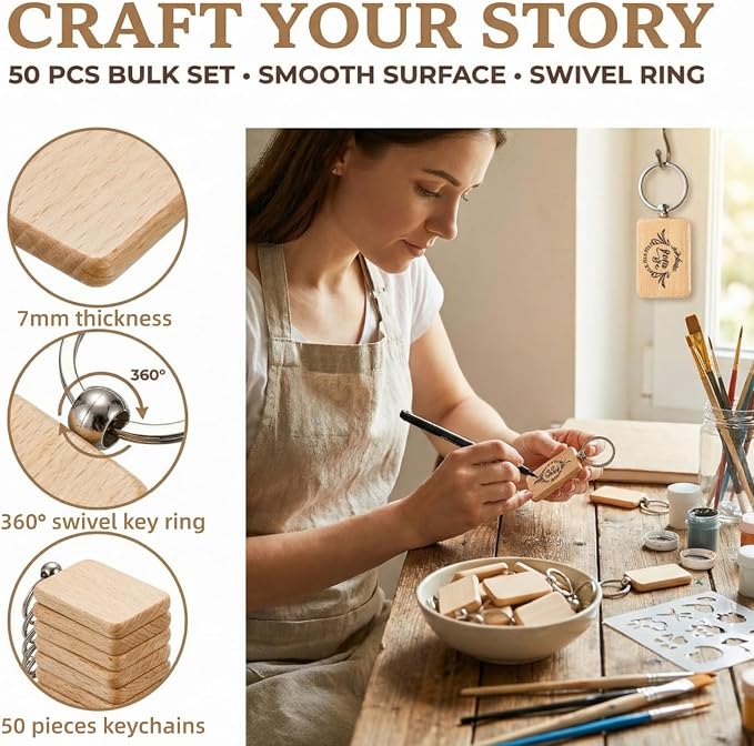 WRINGKIT 50 Pieces Wood Keychain Blank, Unfinished Laser Engraving Blanks - Image 3