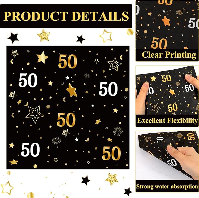 Qyeahkj 48Pcs 50th Birthday Paper Plates and Napkins Black and Gold Happy - Image 4