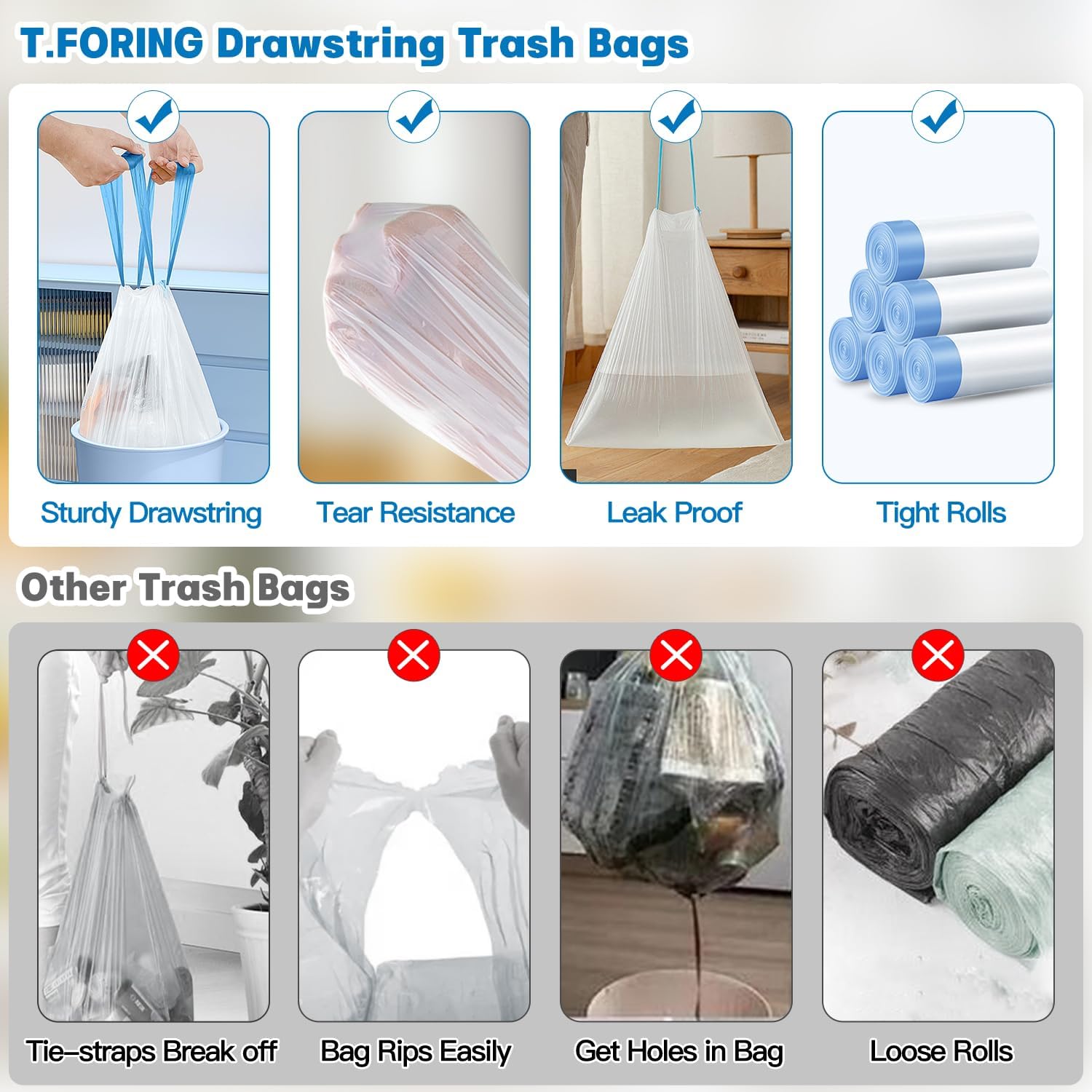 1.6 Gallon Mini Trash Bags Drawstring - 120 Count Strong Small Garbage Bags Unscented,White Trash Can Liners Strong Little Waste Basket Bags 6 Liter for Home Bathroom Office Car