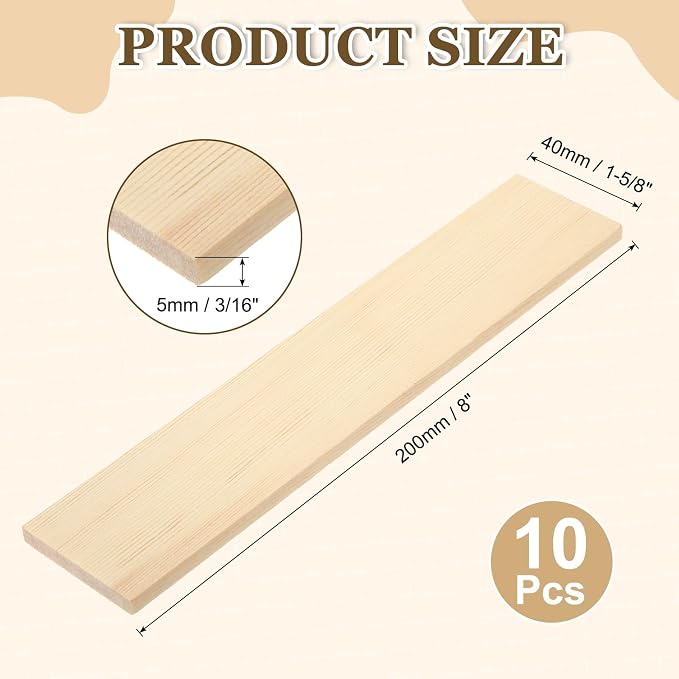 MECCANIXITY 10Pcs Wood Strips Slats, 3/16" x 1‑5/8" x 8" Thin Wood Sticks Flat - Image 2