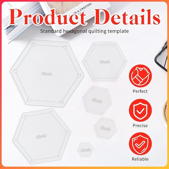 6 PCS Hexagon Templates Quilting Acrylic Templates Set, Diameter Hexagon Ruler - Image 3