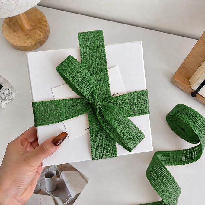 Green Burlap Ribbon 1-1/2 inch X 10 Yard Green Linen Wired Ribbon | Natural - Image 2