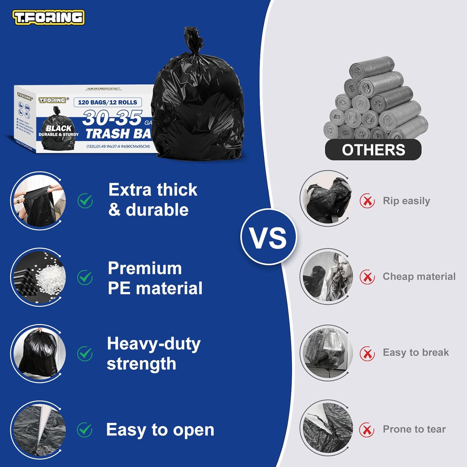 30-35 Gallon Black Trash Bags 120 Count - 32" x 37" Large Garbage Bags, 30+ Gallon Strong Trash Can Liners for Home, Commercial Use,Yard Waste, Bulk