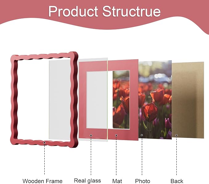 10x10 Picture Frame with Mat for 8x8, Wavy Edge Wooden Real Glass Photo Frame - Image 5
