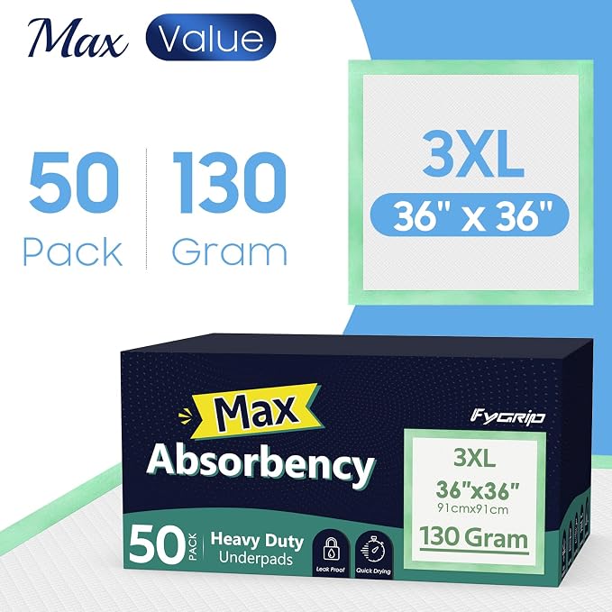 Fygrip 50 Count Hospital Grade 130 Gram 36” x 36” Max Absorbency Disposable - Image 2