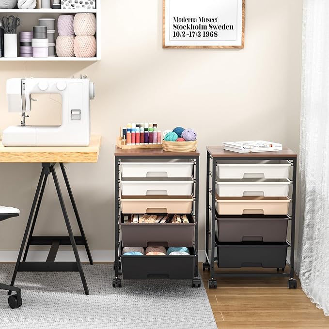 SYKIARIOL Utility Cart with 5 Drawers, Storage Drawer Cart with Wooden Tabletop - Image 8