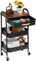 AGTEK Movable Rolling Organizer Cart with Drawer, 3 Tier Metal Utility Cart with Hanging Cups, Drawer with Leather Handle, Mobile Trolley Cart for Home & Office, Black