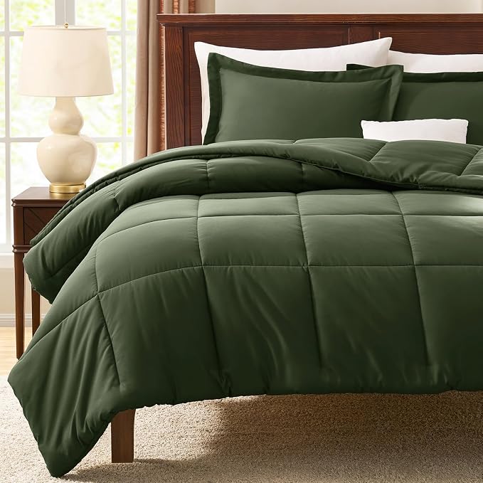 CozyLux Oversized Queen Comforter Set, 3 Pieces Olive Green 98x98 Box Stitched - Image 7
