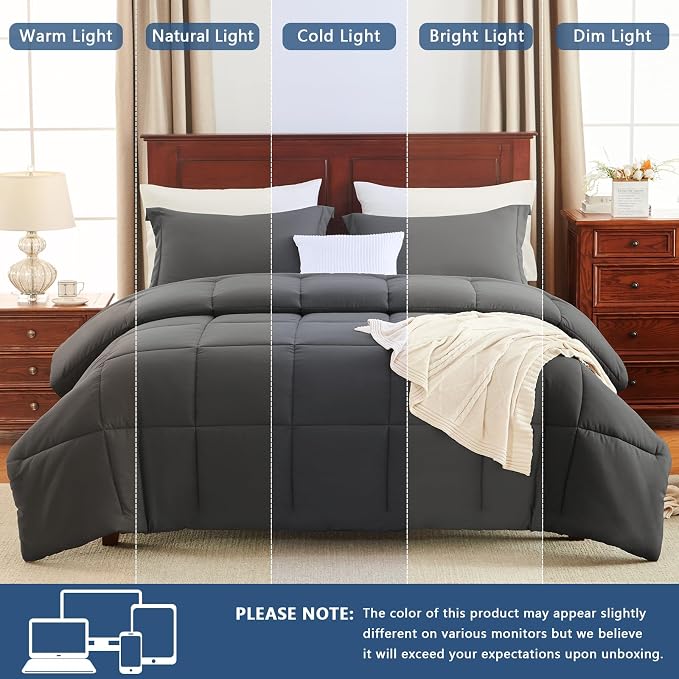 CozyLux Oversized King Comforter Set, 3 Pieces Dark Grey 120x98 Box Stitched - Image 5