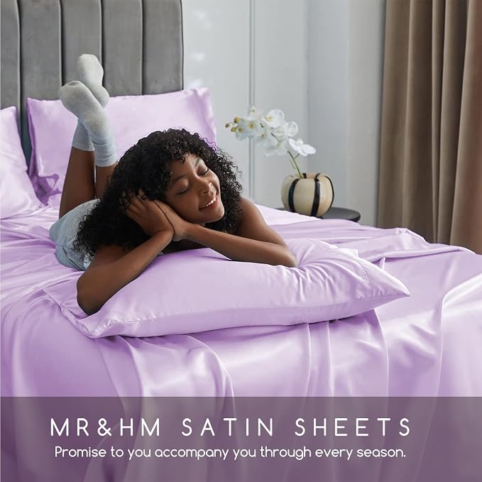 MR&HM Satin Bed Sheets with Elastic Corner Straps, Queen Size Sheets Set - Image 6