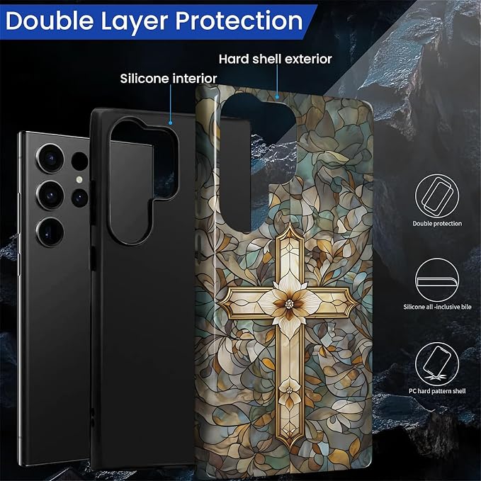 for Samsung Galaxy S23 Ultra Case, Christian Cross Stained Glass Pattern Glossy - Image 2