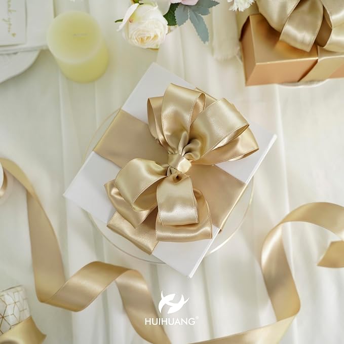 HUIHUANG Champagne Satin Wired Ribbon 2.5 inch Champagne Gold Wire Edge Ribbon - Image 3