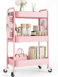 TOOLF 3 Tier Rolling Cart Storage Organizer, Metal Rolling Utility Cart with Wheels, Hooks & Bins Esthetician Craft Art Sturdy Storage with Pegboard for Bathroom, Kitchen, Office, Nursery Diaper