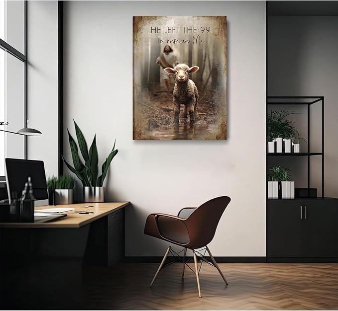 Framed Jesus Saves the Lost Lambs Canvas Wall Art Jesus Leaves 99 Sheep Picture - Image 6