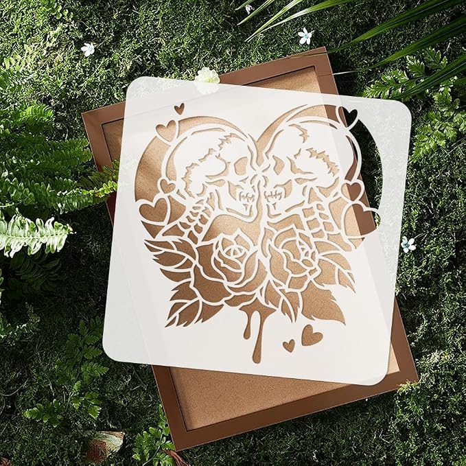 1 Piece Skeleton Lover Rose Craft Art Stencil, 11.8"x11.8" Skull Couple Plastic - Image 4