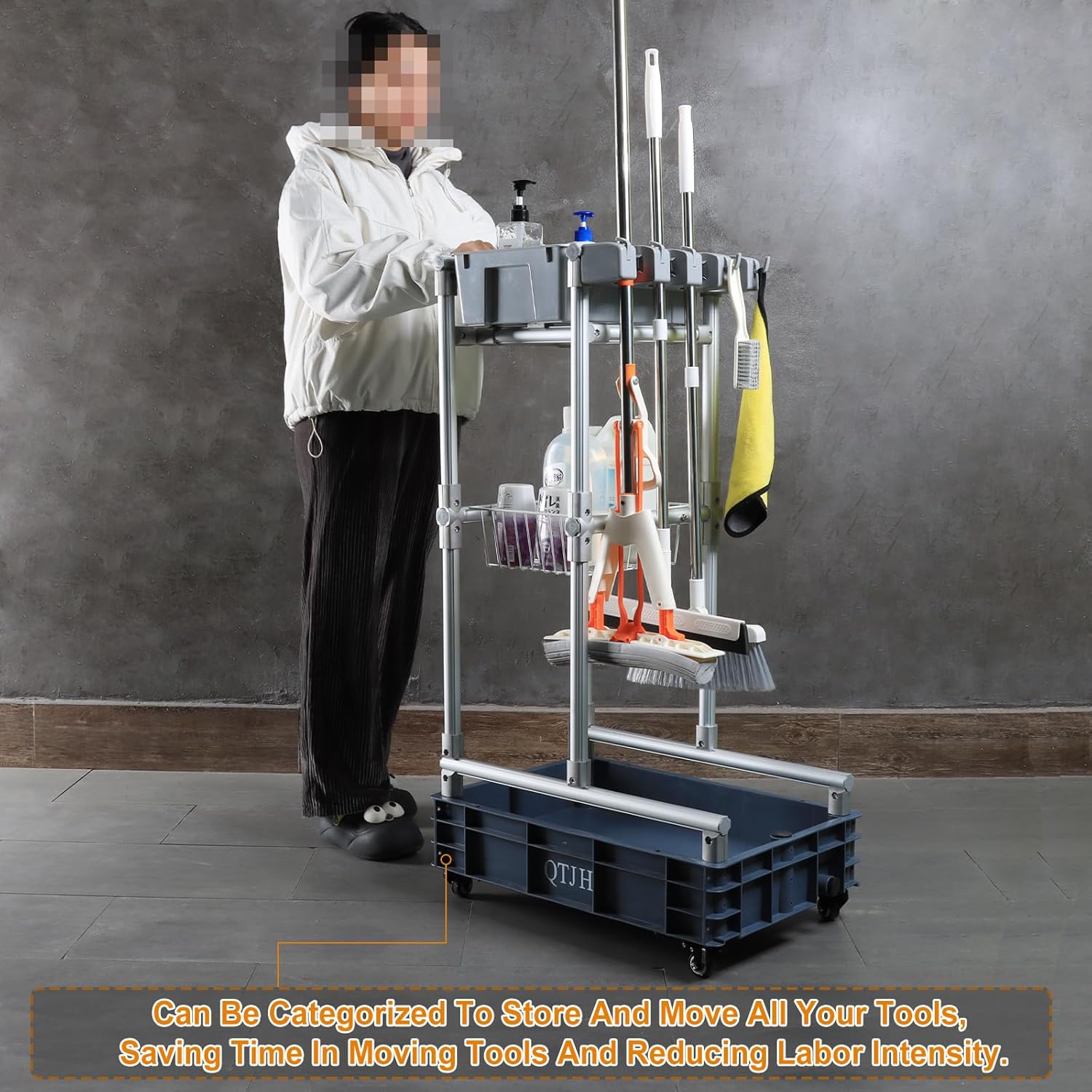 Rolling Cleaning Cart with Mop & Broom Organizer ， Convenient Storage Cart for Janitorial Supplies, Tools, and Cleaning Equipment ， Floor Cleaning Station with Wheels for Housekeeping, Garage &Garden