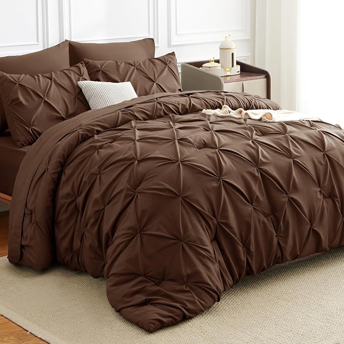 CozyLux Full Size Comforter Sets Brown, 7 Pieces Pintuck Bed in A Bag Brown - Image 4