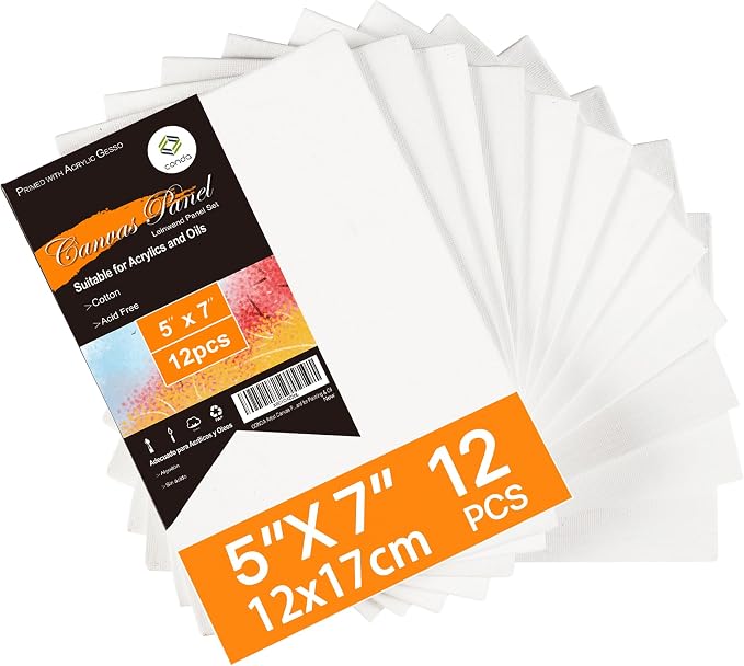 Canvas Board for Painting 12 Pack, 5 x 7 Inch Canvas Panels, Primed White Blank by CONDA