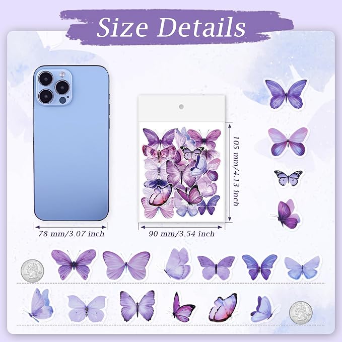 Imeepa 40Pcs Purple Butterfly Stickers Transparent Scrapbooking Stickers | PET - Image 2
