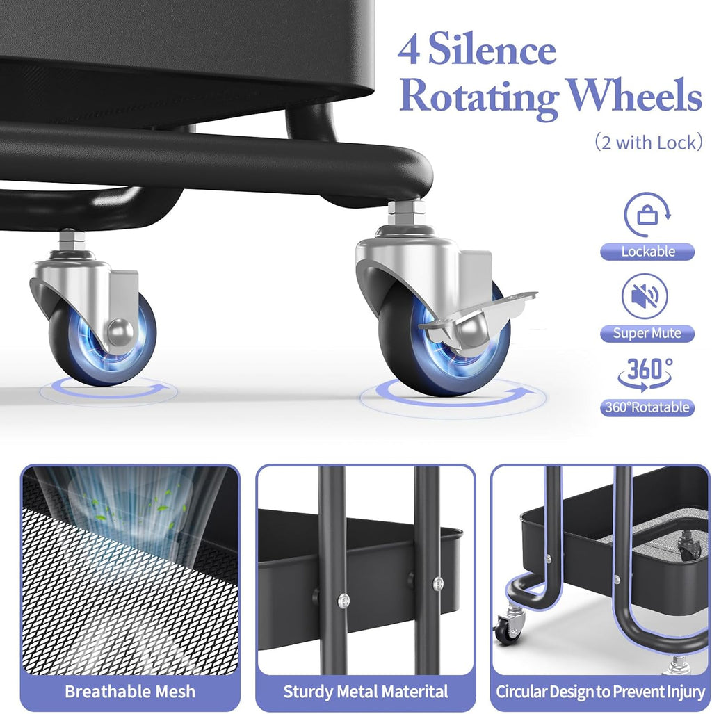 KINGRACK 3 Tier Rolling Cart, Metal Mobile Storage Shelf with Lockable Wheels, Utility Trolley Cart with Wheels, Storage Organizer for Kitchen, Office, Bathroom, Dorm, Black