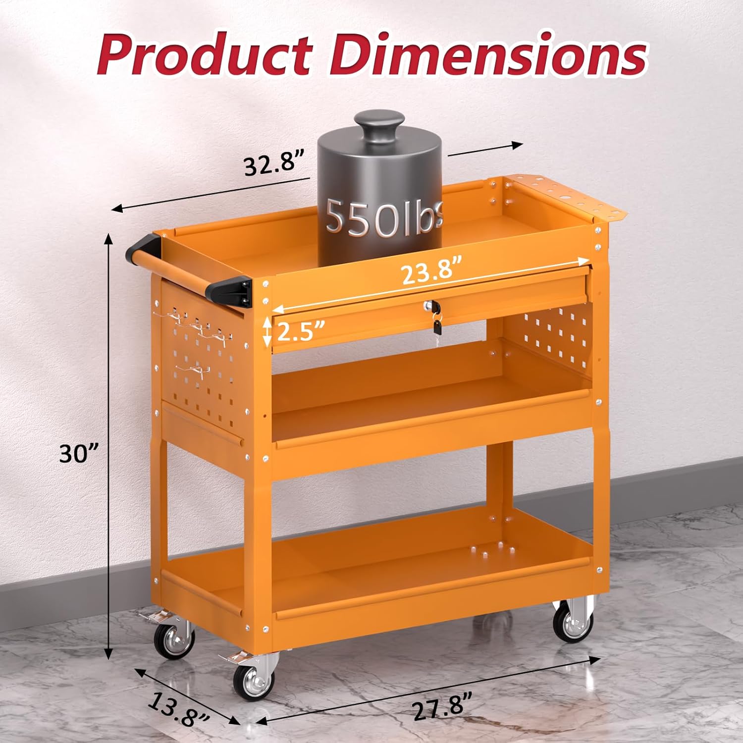 3 Tier Rolling Tool Cart on Wheels, Heavy Duty Service Cart Industrial Utility Cart with Drawer and Screwdriver Rack Pegboard, 550 LBS Mobile Tool Storage Organizer for Garage, Workshop (Orange)