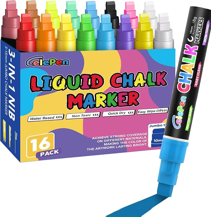 Window Chalk Markers for Cars Glass Washable, 16 Colors Jumbo Liquid Chalk by Celepen