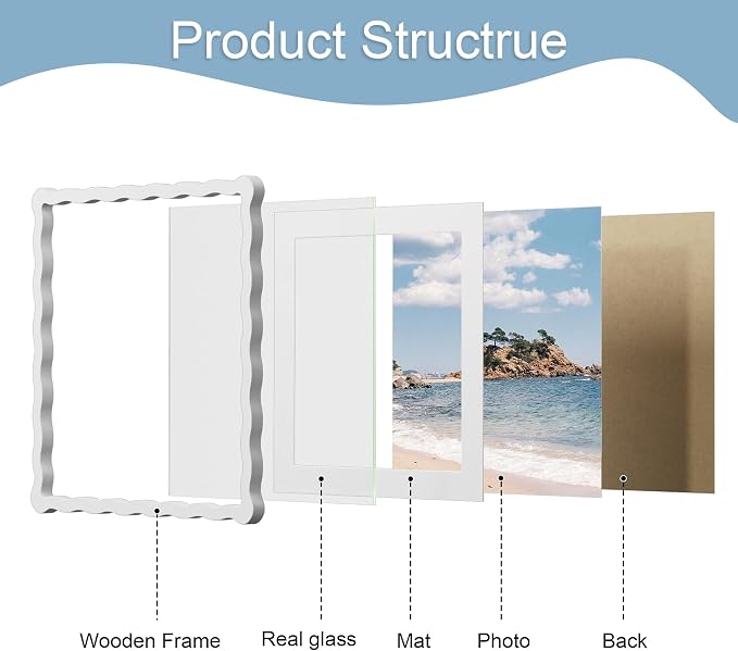 12x12 Picture Frame with Mat for 10x10, Wavy Edge Wooden Real Glass Photo Frame - Image 5