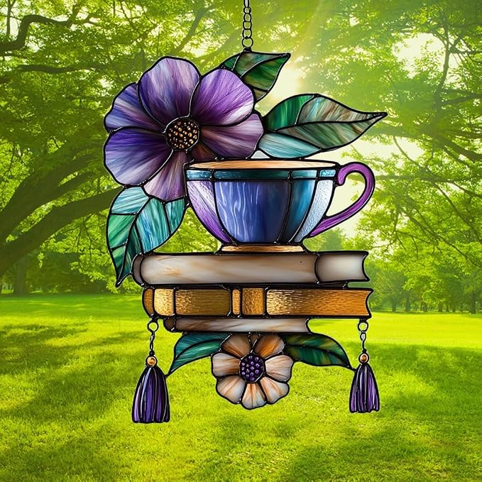 Hibiscus Tea Cup and Books Acrylic Suncatcher Stained Glass Effect Window Car - Image 3