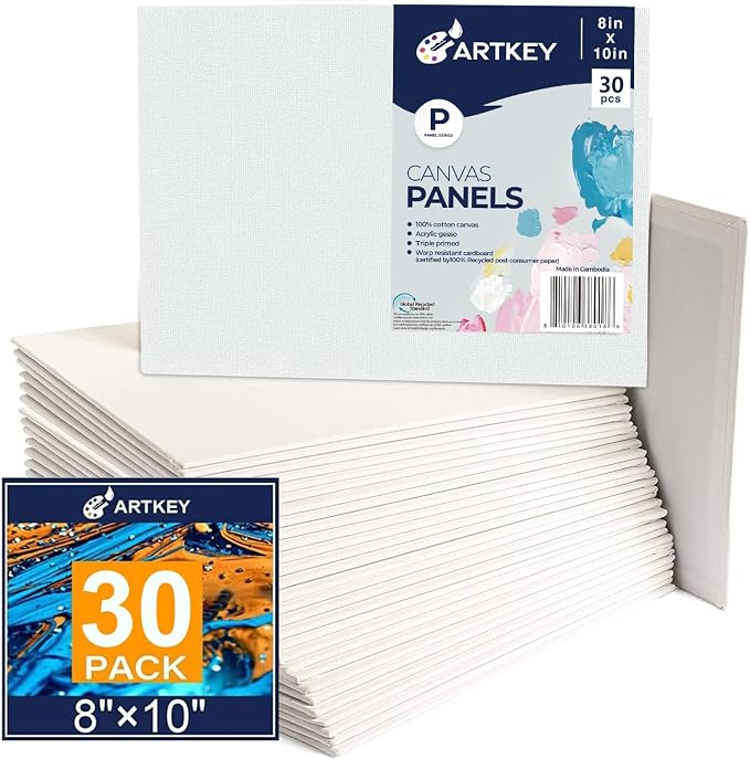 Artkey Canvases for Painting 8x10 Inch 30-Pack, 10 oz Primed 100% Cotton White by Artkey