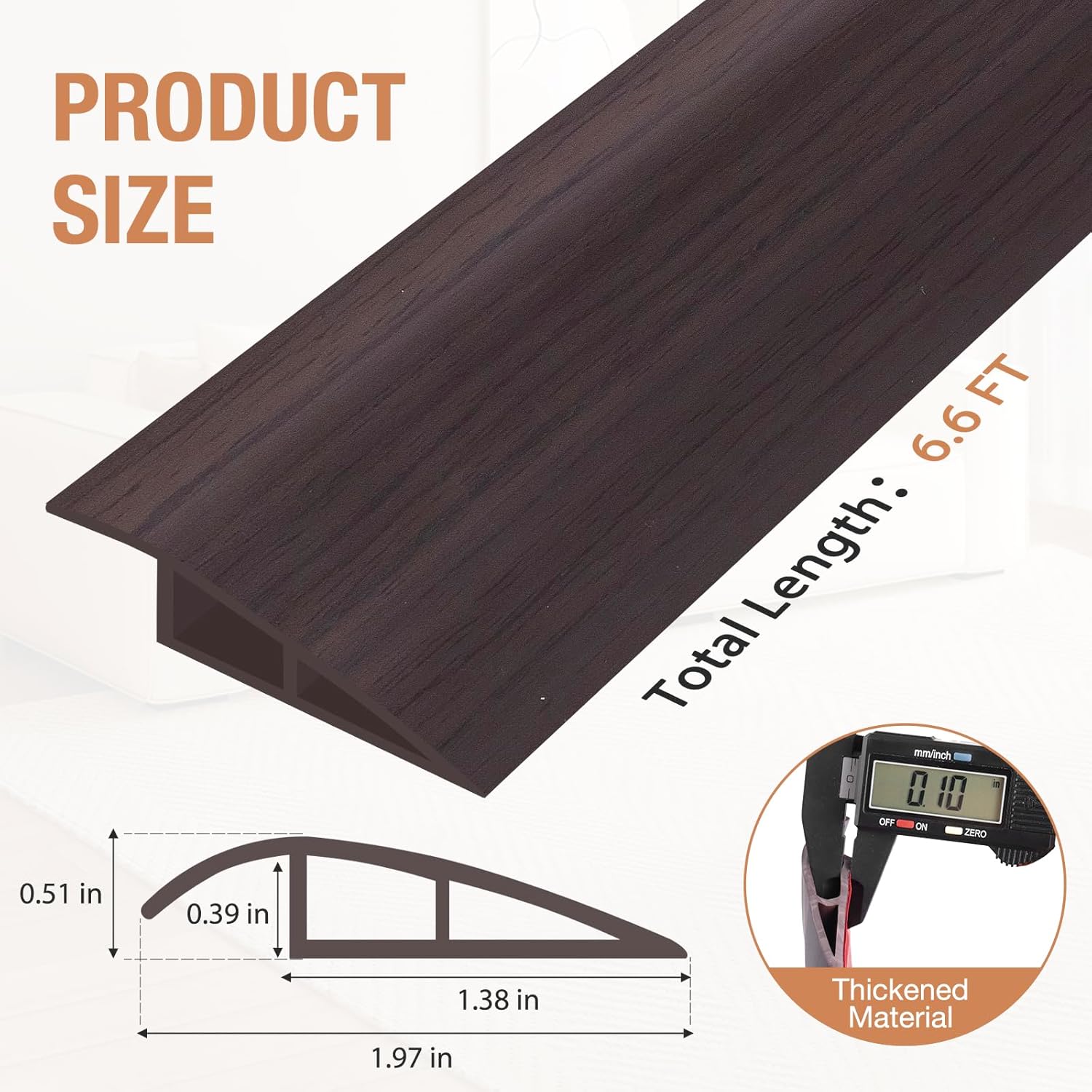 Floor Transition Strip Self Adhesive Vinyl Door Threshold for Doorways Carpet Edging Trim Overlap Edge Reducer for Laminate Floor, Carpet, Tile (Dark Walnut Grain, 1/5" to 2/5", 6.6Ft)