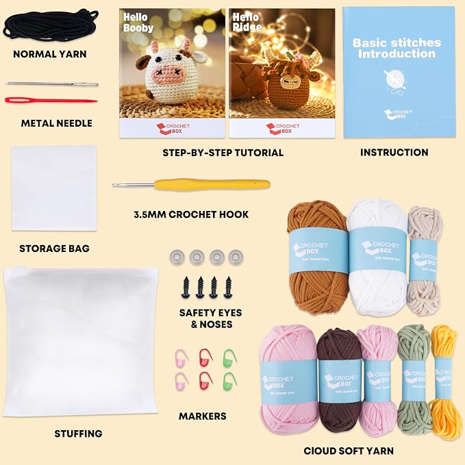 CrochetBox Crochet Kit for Beginner, Highland Cow and Cow Learn How to Crochet - Image 3