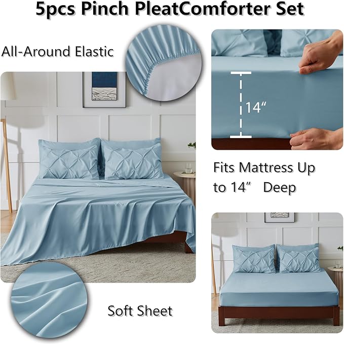 HIMEET Pintuck Bed in a Bag, 5 Pieces Twin XL Comforter Set Light Blue - Image 5