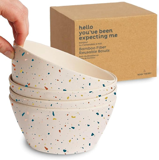 Nook Theory 4 Pack Bamboo Bowls - 22 Oz Reusable Bowl, Dishwasher Safe - Not Microwavable Bamboo Dishes (Fiesta)