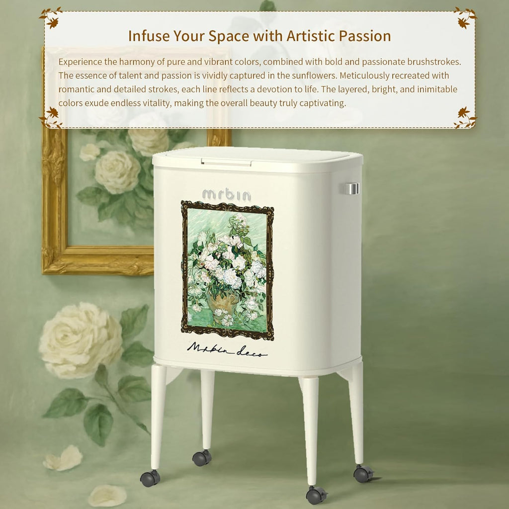 MRBIN Metal Kitchen Trash Can with Wheel Legs, 36L / 9.5gal Medium Press Lid Slim Removable Waste Basket, Pet Proof Tall Narrow Garbage Pail for Vanity, Bedroom, Bathroom, Living Room, White Rose