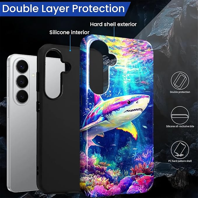 for Samsung Galaxy S26 Case, Colorful Ocean Sharks Pattern Glossy 2 in 1 - Image 3