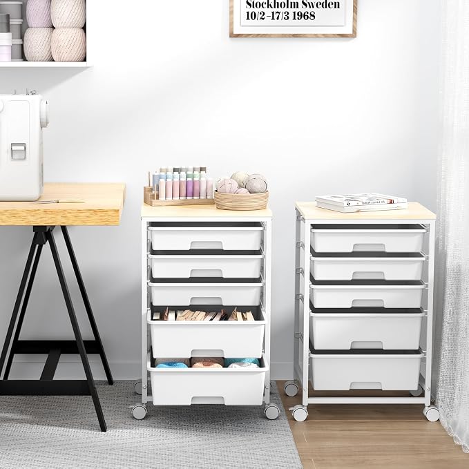 SYKIARIOL Utility Cart with 5 Drawers, Storage Drawer Cart with Wooden Tabletop - Image 9