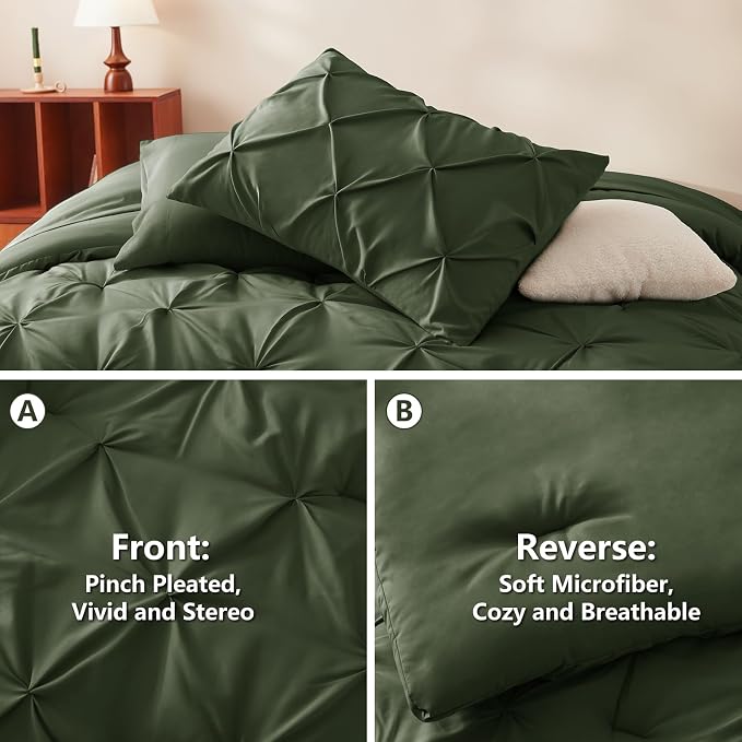 CozyLux Full Size Comforter Sets Olive Green, 7 Pieces Pintuck Bed in A Bag - Image 3