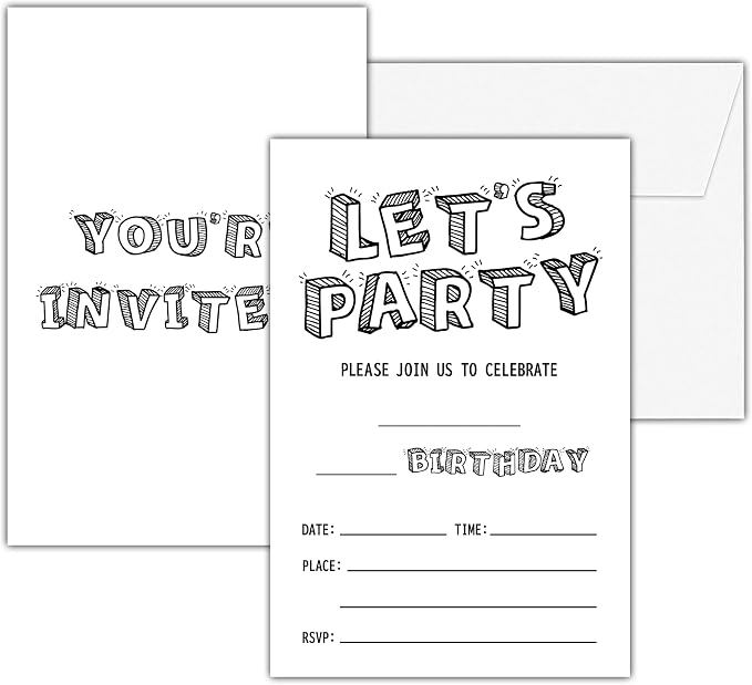 Black and White Birthday Invitations, 25 Double-Sided Invitation Cards by seclate