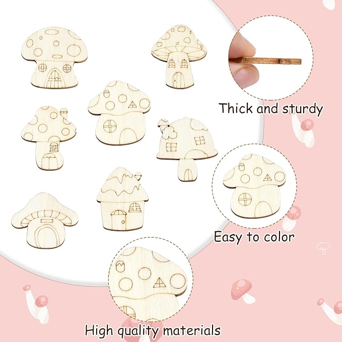 200 pcs Mixed Styles Mushroom Theme Unfinished Wood Cutout Charms Lovely - Image 3